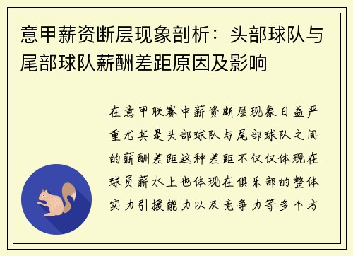 意甲薪资断层现象剖析：头部球队与尾部球队薪酬差距原因及影响
