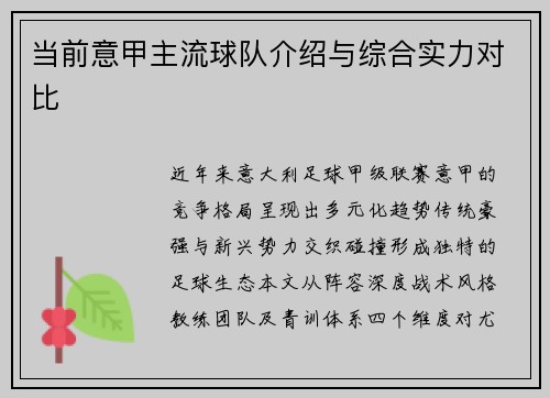 当前意甲主流球队介绍与综合实力对比